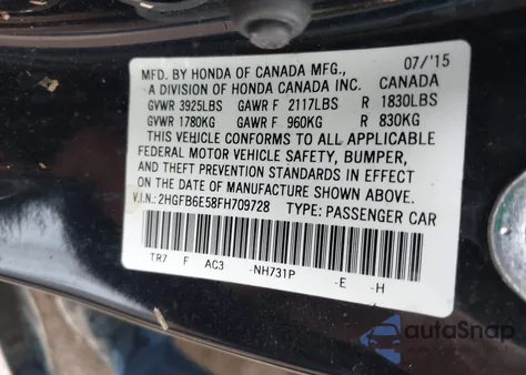 2015 Honda Civic Si from USA, damaged, VIN 2HGFB6E58FH709728